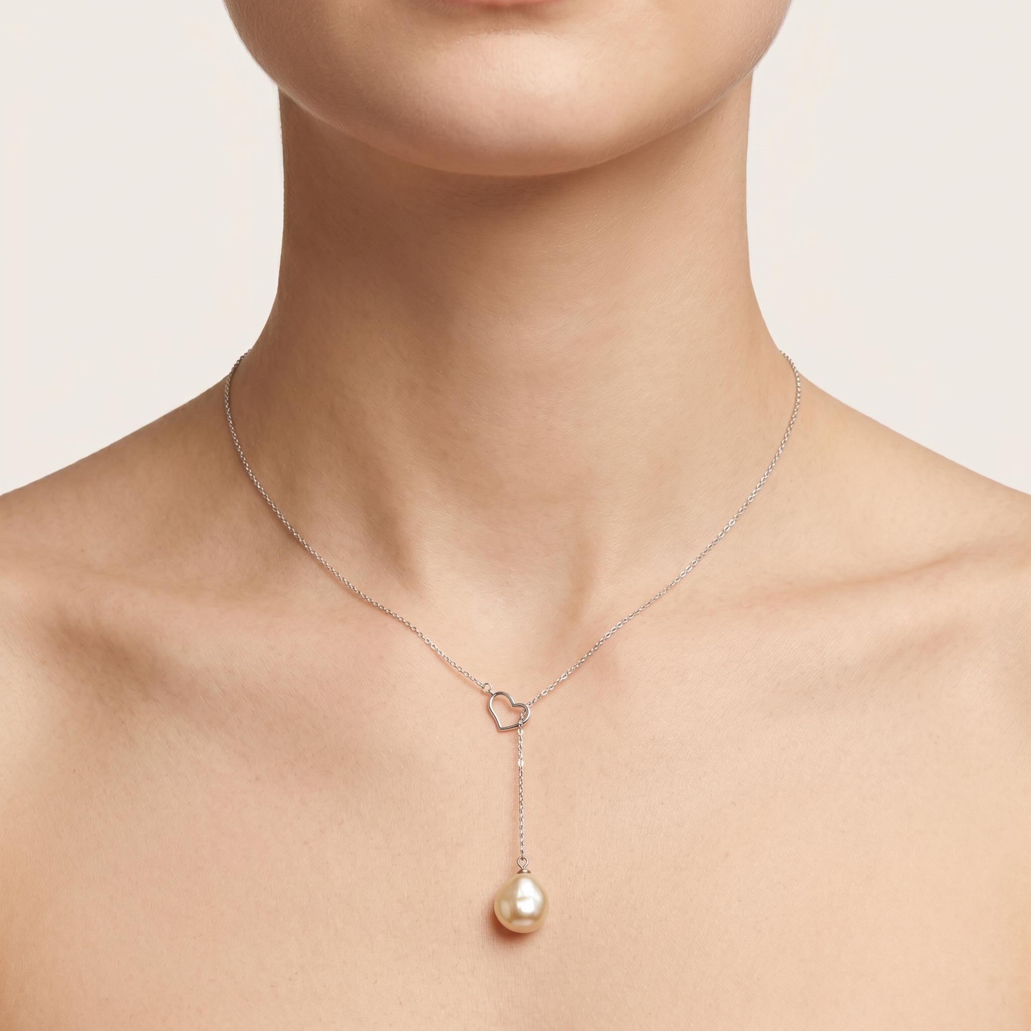 Baroque Freshwater Pearl Heart Lariat Necklace, 925 Sterling Silver Y Drop Pendant