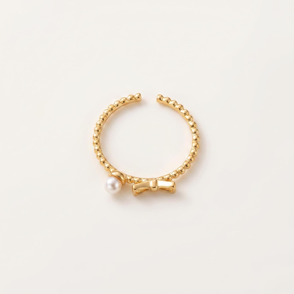 Dainty Pearl Bow Ring | Gold Plated Sterling Silver, Adjustable, Stackable