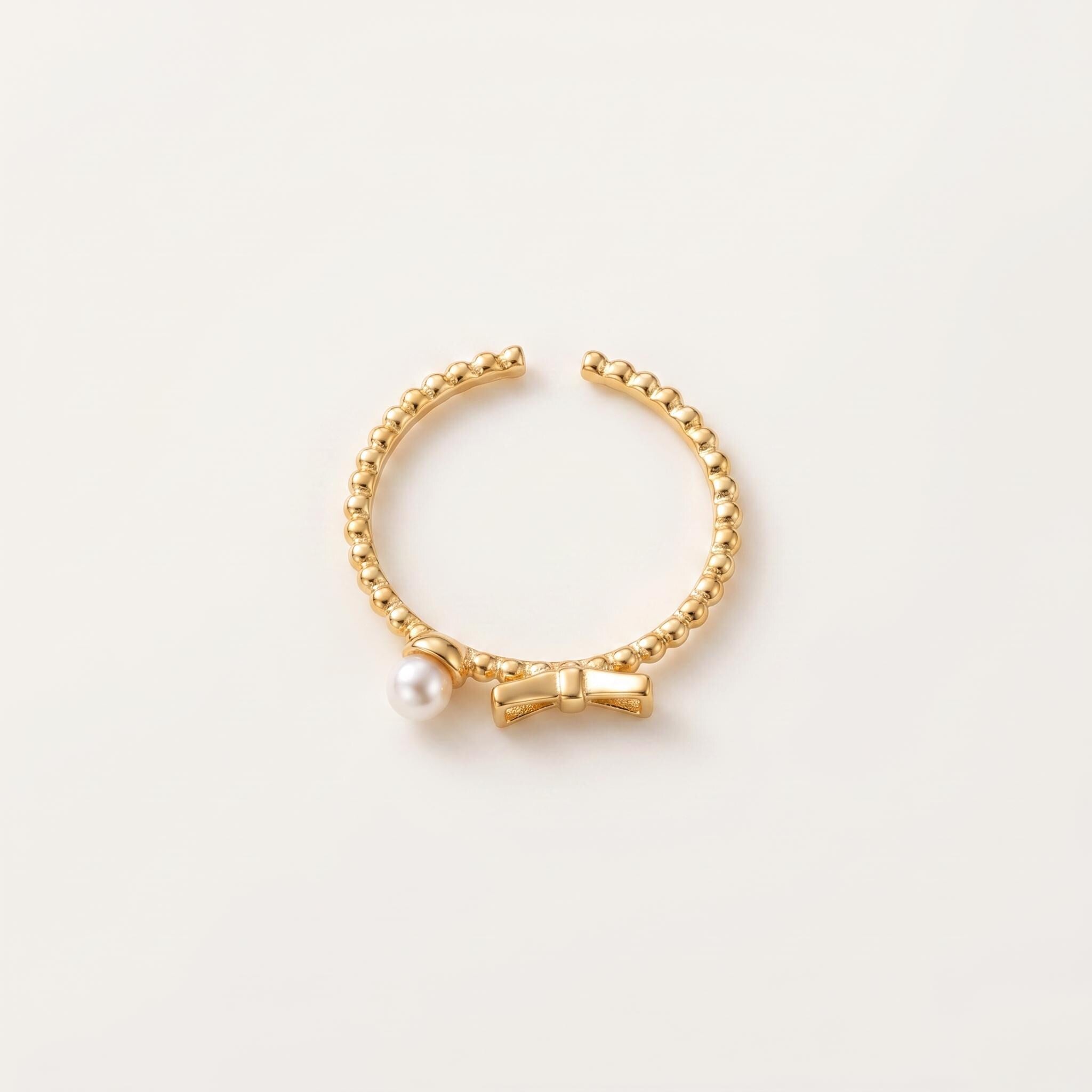 Dainty Pearl Bow Ring | Gold Plated Sterling Silver, Adjustable, Stackable