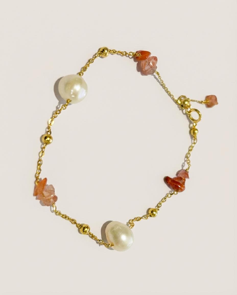 Freshwater Pearl Sunstone Bracelet | 14K Gold Plated Sterling Silver Chain