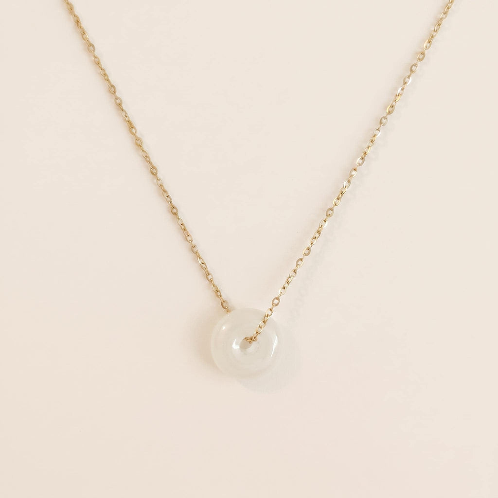 White Jade Peace Buckle Necklace, 14k Gold Plated Sterling Silver Pendant