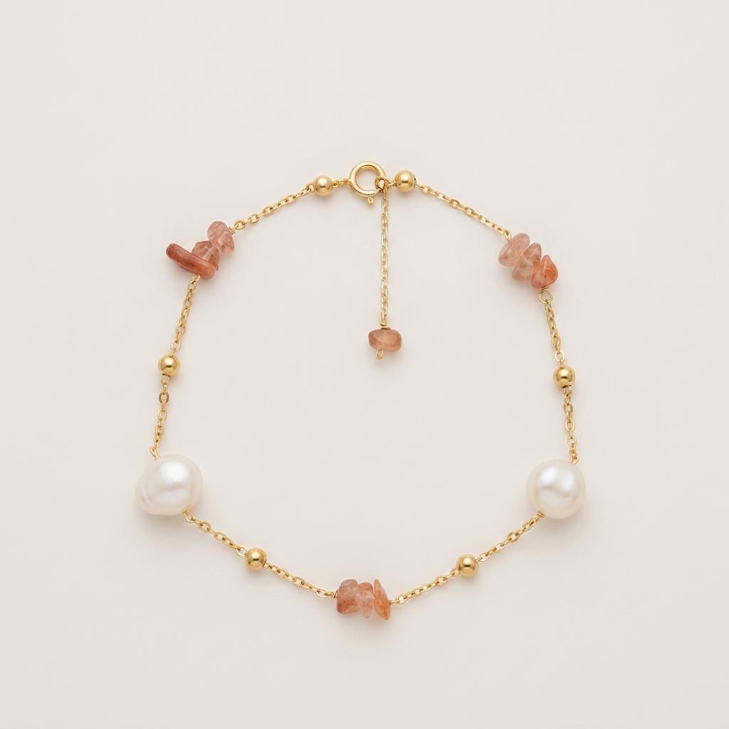 Freshwater Pearl Sunstone Bracelet | 14K Gold Plated Sterling Silver Chain