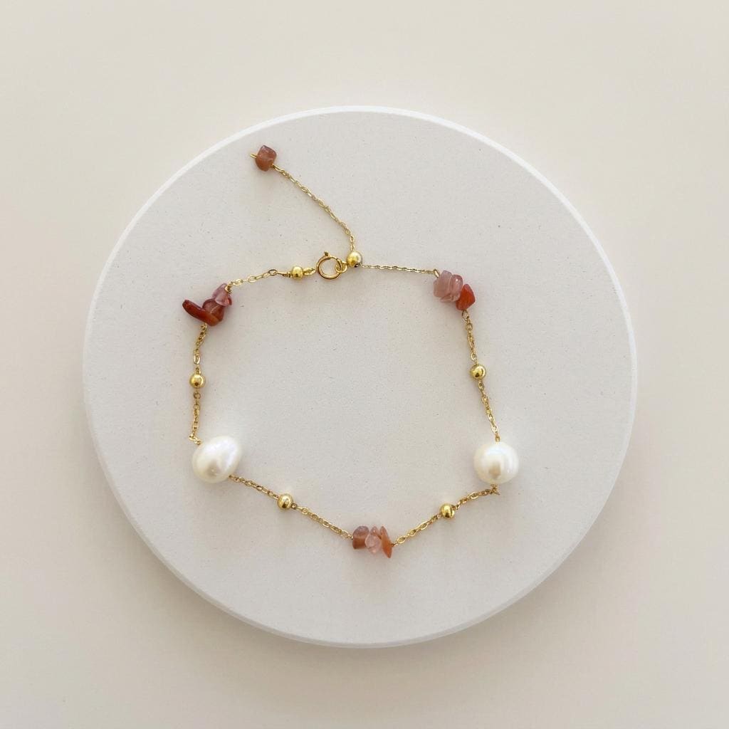 Freshwater Pearl Sunstone Bracelet | 14K Gold Plated Sterling Silver Chain
