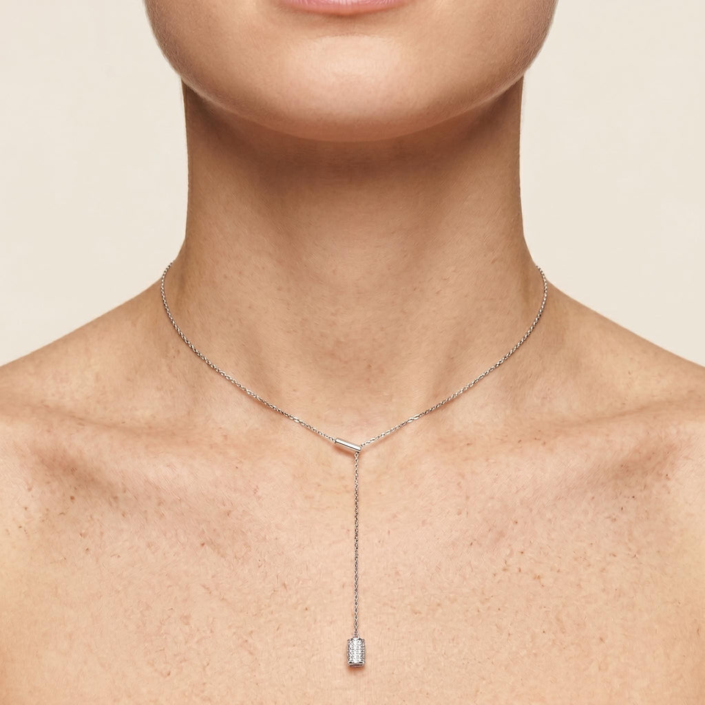 Pavé Drop Lariat Necklace: Sterling Silver or Gold Plated, Adjustable Y Chain