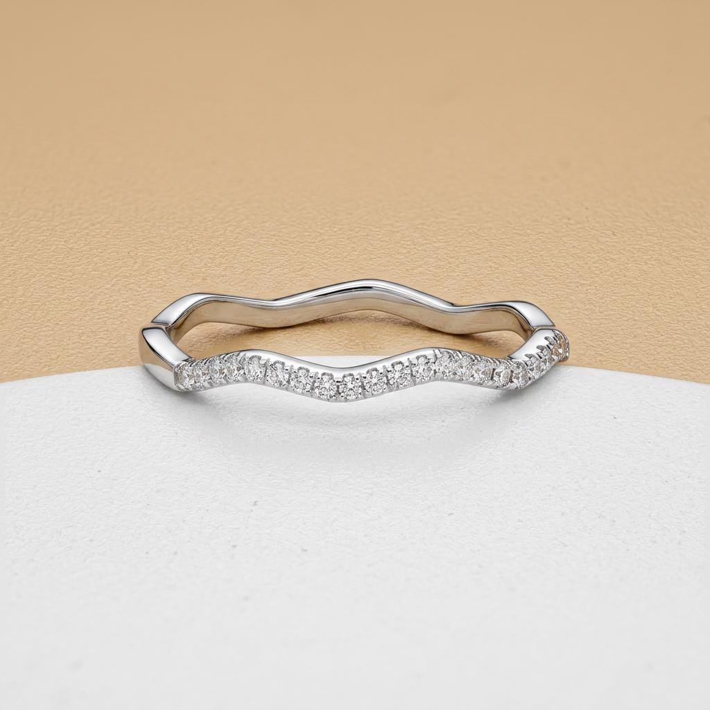 Sterling Silver CZ Wave Band Ring | Pavé Ripple Stacking Ring