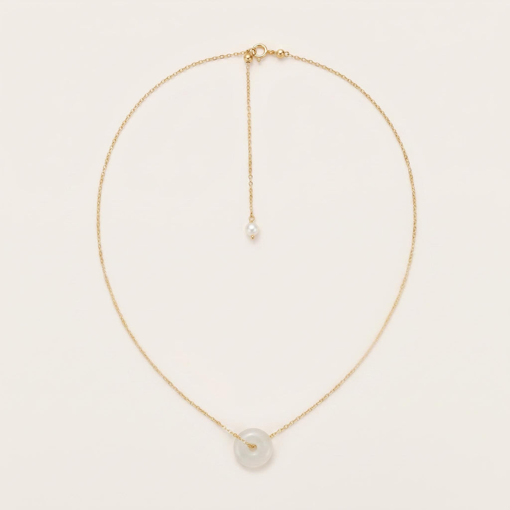 White Jade Peace Buckle Necklace, 14k Gold Plated Sterling Silver Pendant