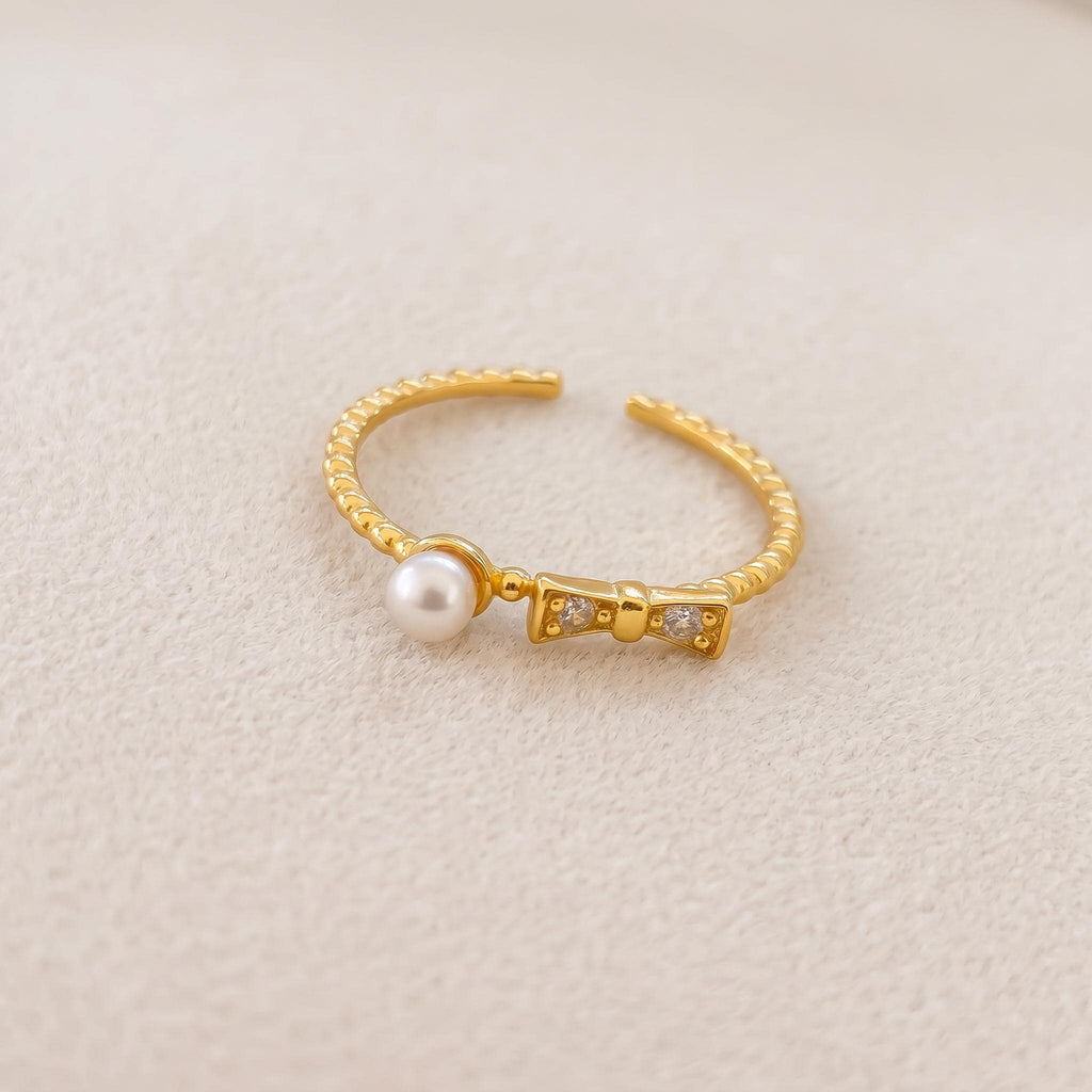 Dainty Pearl Bow Ring | Gold Plated Sterling Silver, Adjustable, Stackable