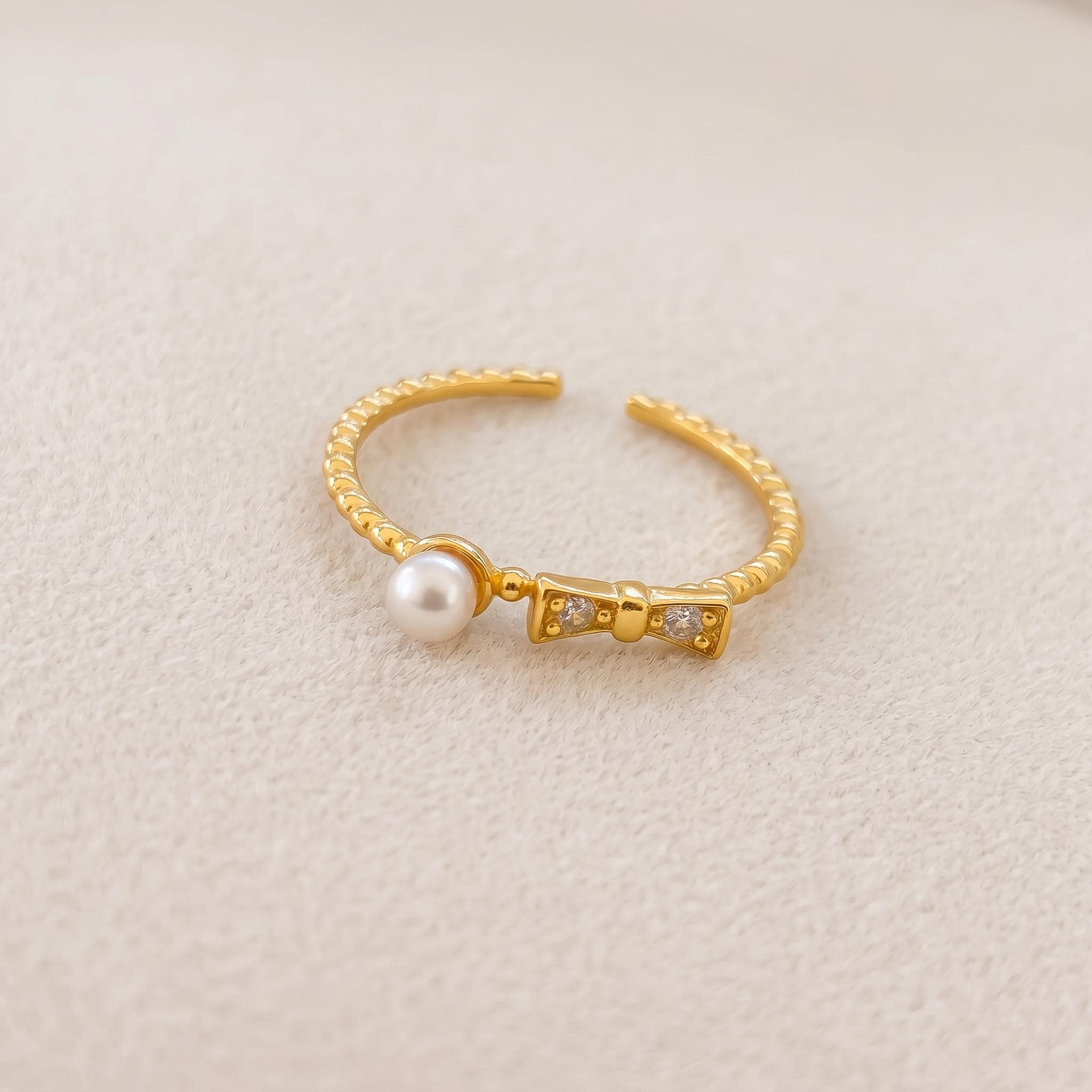 Dainty Pearl Bow Ring | Gold Plated Sterling Silver, Adjustable, Stackable