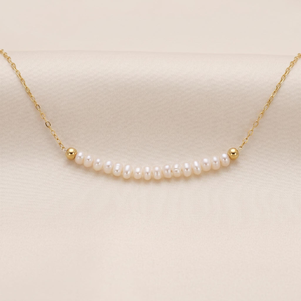 Freshwater Pearl Bar Necklace | 14k Gold Plated 925 Silver | Dainty Curved Pearl | Minimalist Jewellery