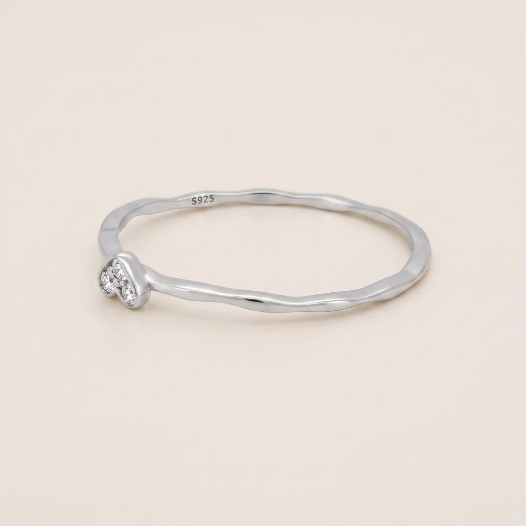 Sterling Silver CZ Heart Ring | Dainty Ripple Band Stacking Ring