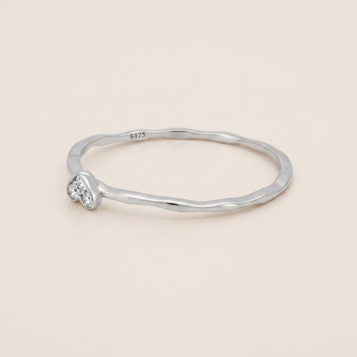 Sterling Silver CZ Heart Ring | Dainty Ripple Band Stacking Ring