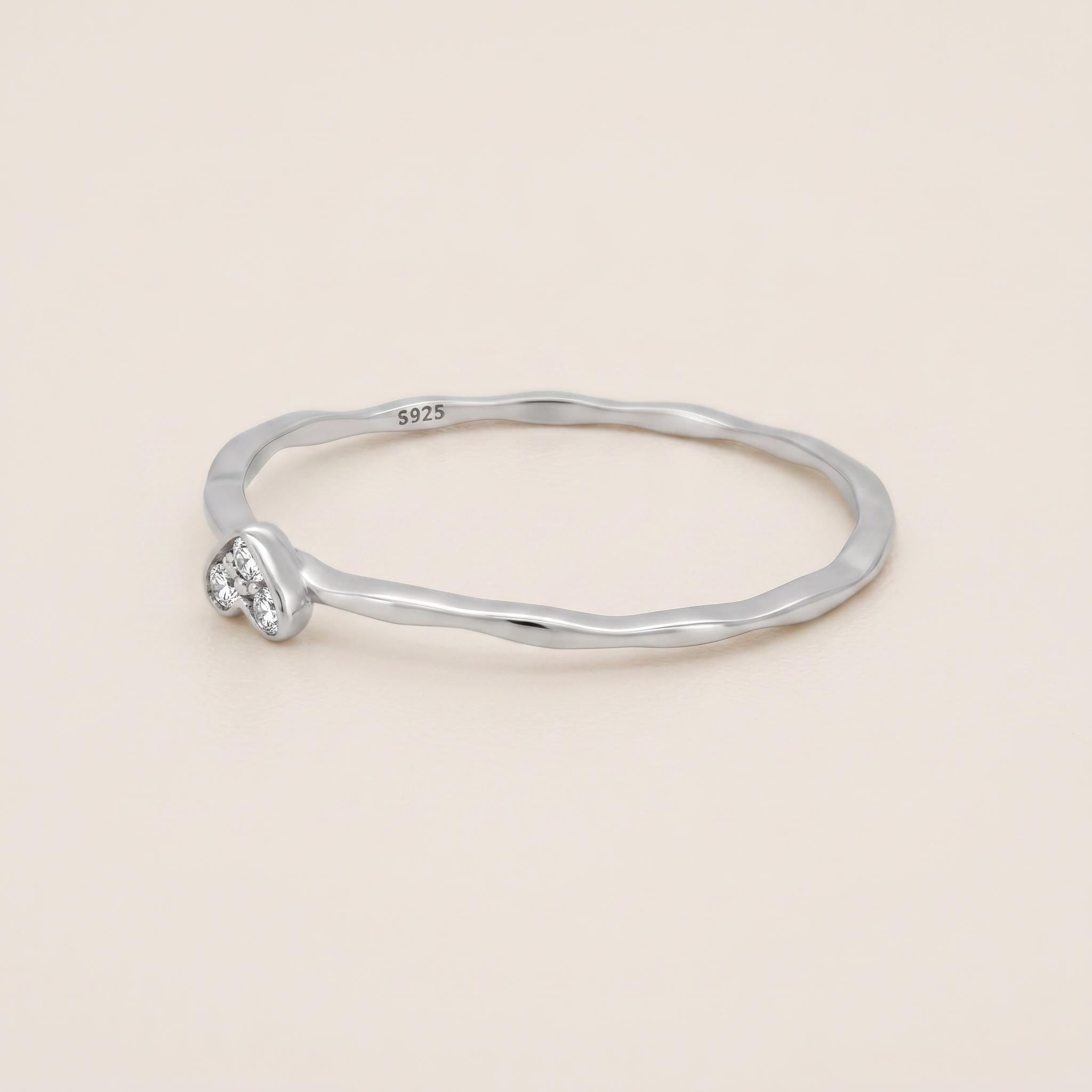 Sterling Silver CZ Heart Ring | Dainty Ripple Band Stacking Ring