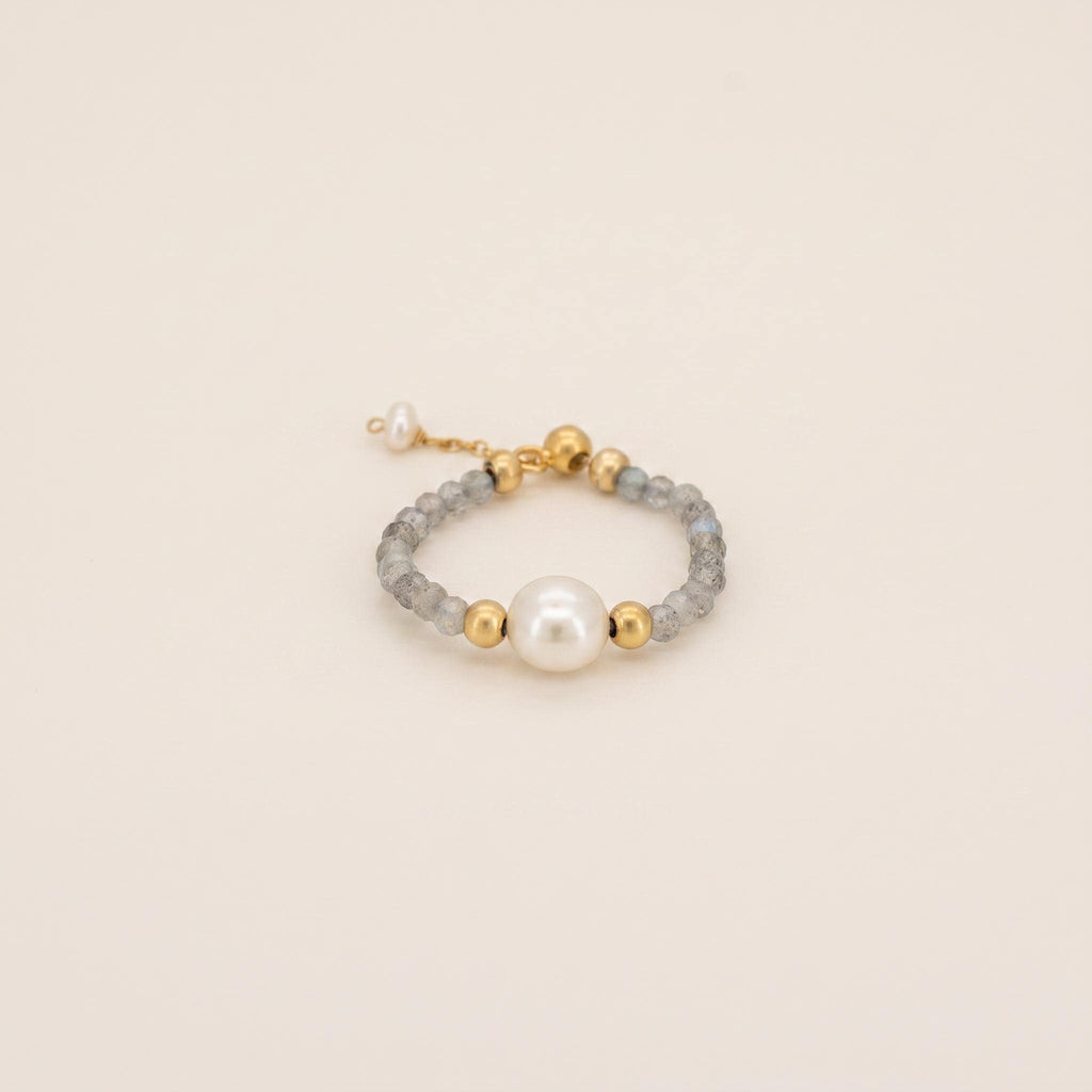 Dainty Pearl Beaded Ring | Blue Crystal, Gold Plated Sterling Silver, Adjustable Boho Style