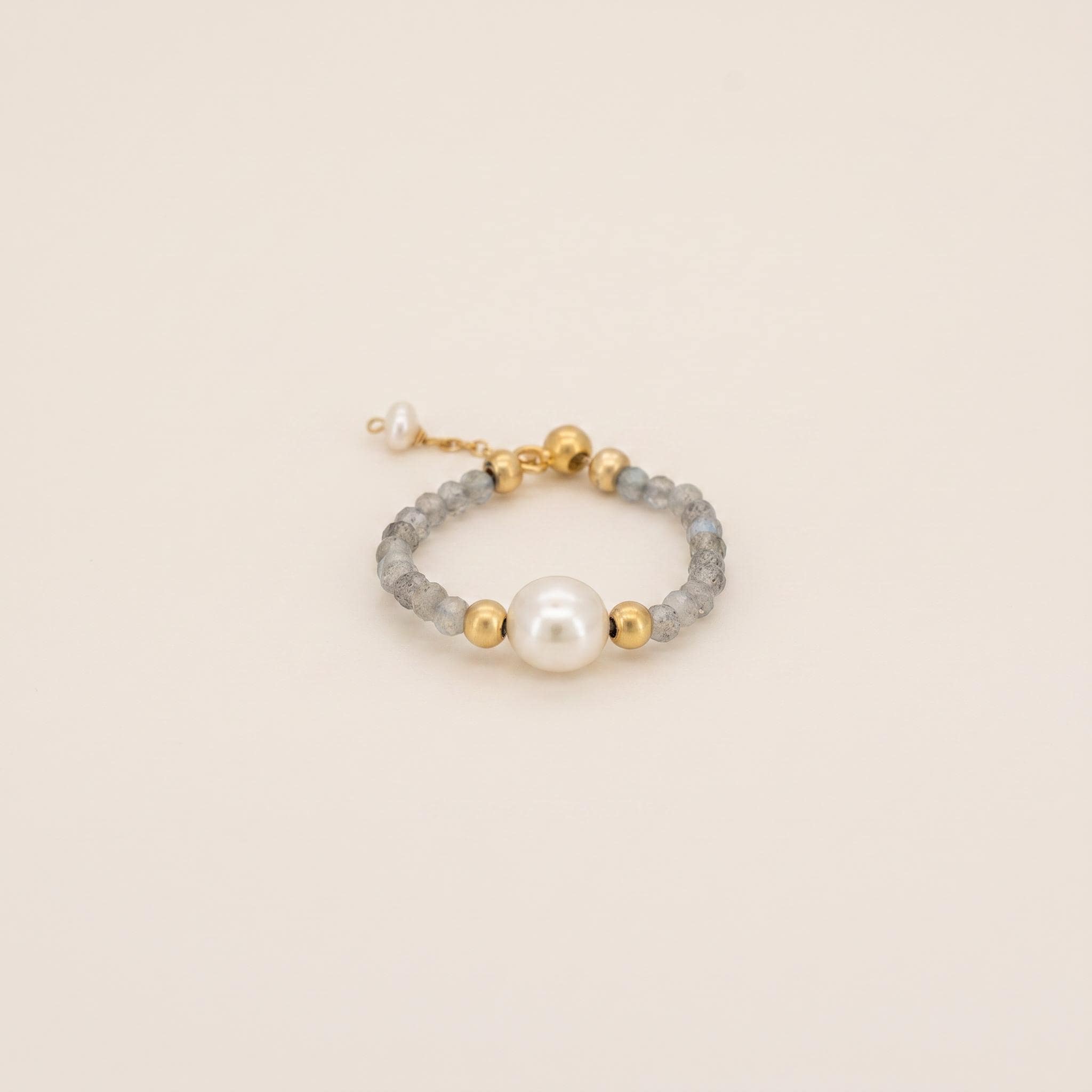 Dainty Pearl Beaded Ring | Blue Crystal, Gold Plated Sterling Silver, Adjustable Boho Style