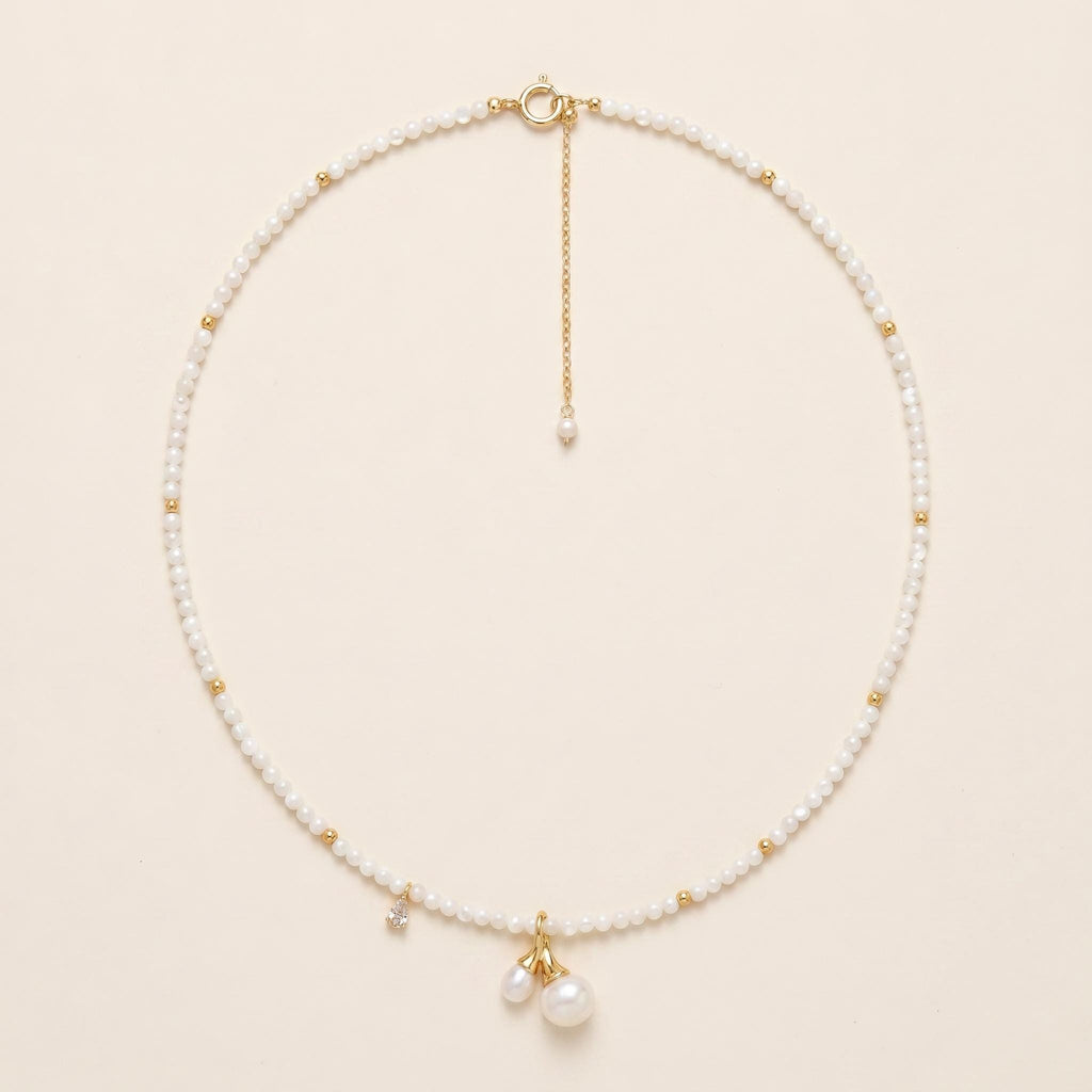 Mother of Pearl Choker Freshwater Pearl & Cubic Zirconia Charms, 14k Gold Plated Sterling Silver