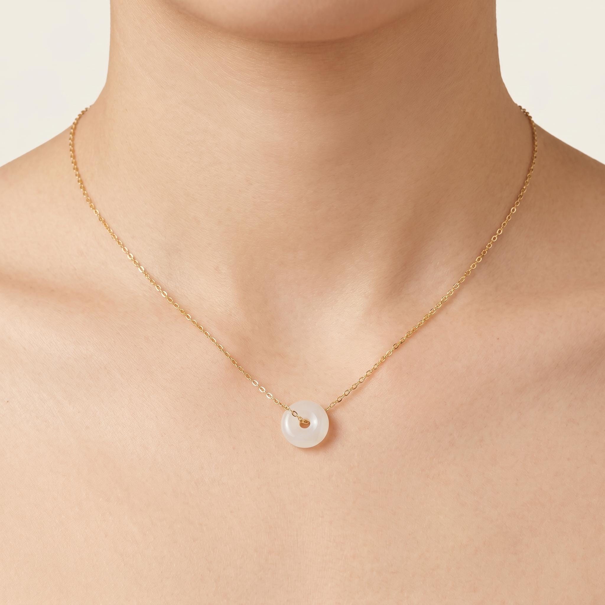 White Jade Peace Buckle Necklace, 14k Gold Plated Sterling Silver Pendant