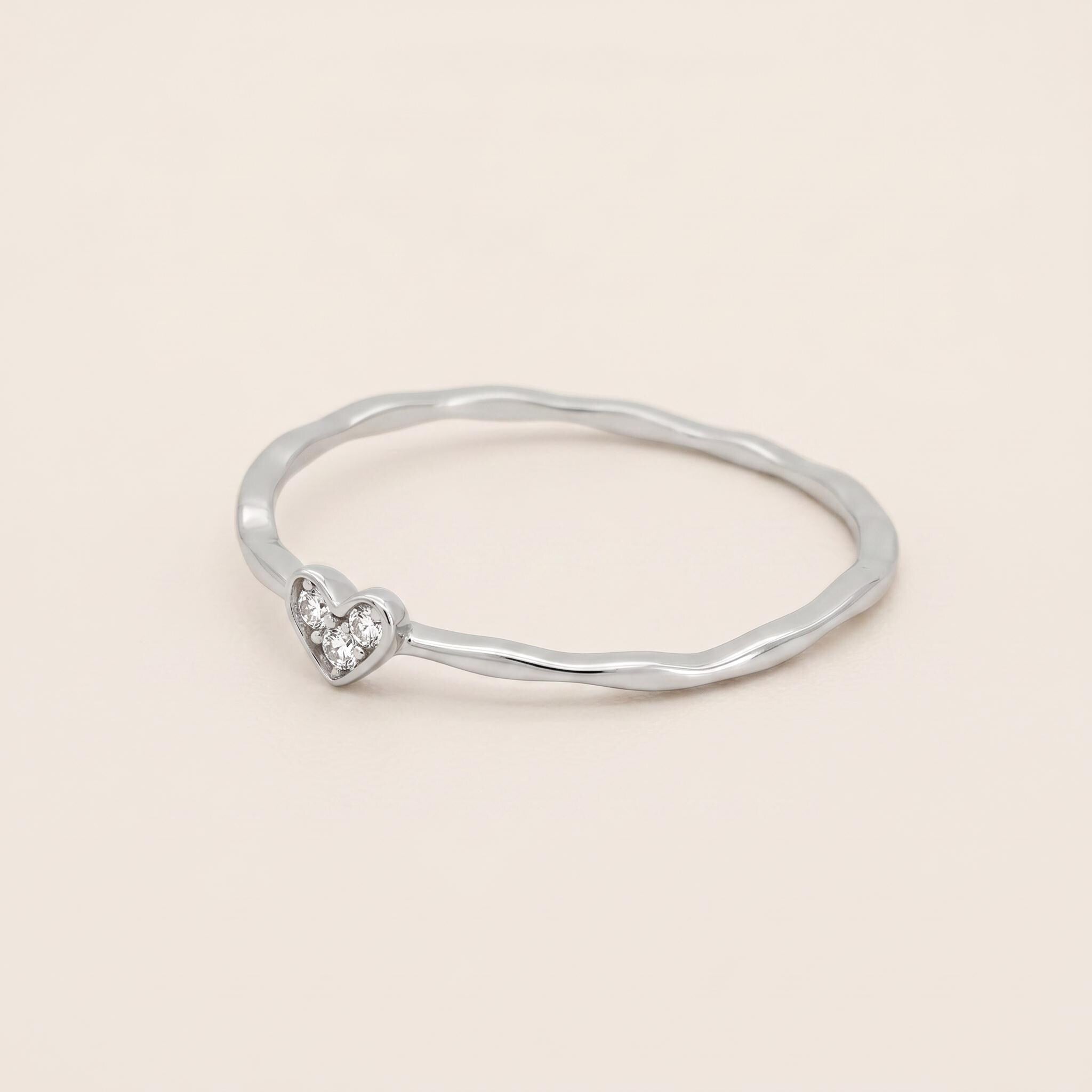 Sterling Silver CZ Heart Ring | Dainty Ripple Band Stacking Ring