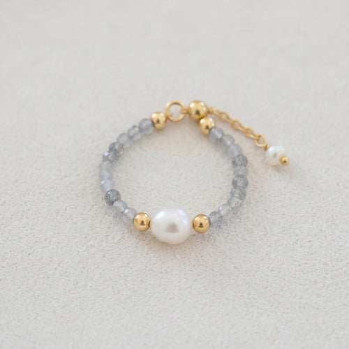 Dainty Pearl Beaded Ring | Blue Crystal, Gold Plated Sterling Silver, Adjustable Boho Style