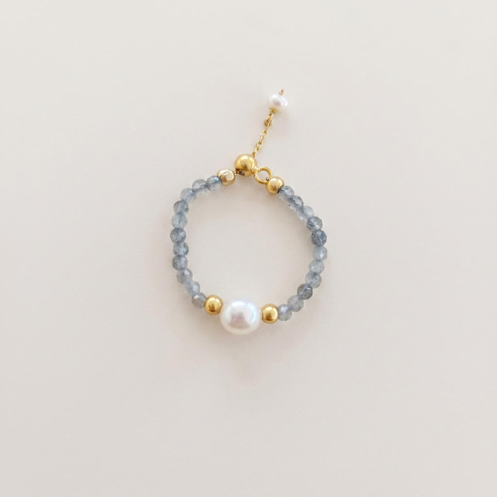 Dainty Pearl Beaded Ring | Blue Crystal, Gold Plated Sterling Silver, Adjustable Boho Style