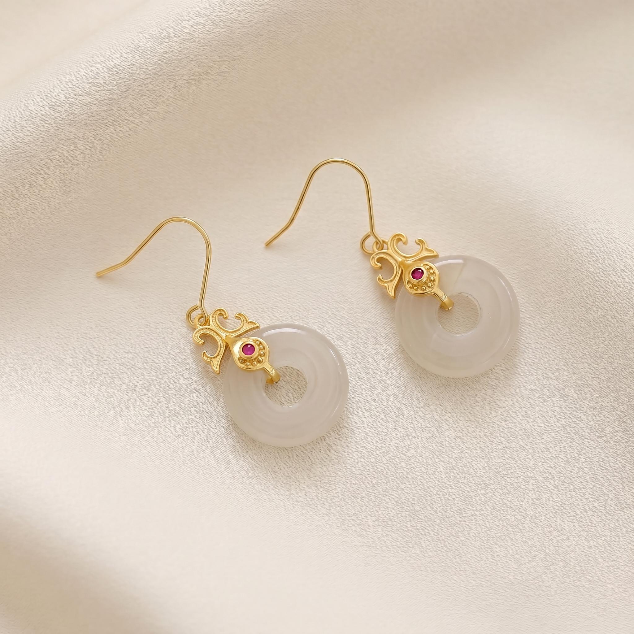 White Jade Peace Buckle Earrings | Gold Plated Sterling Silver | Chinese Heritage Talisman