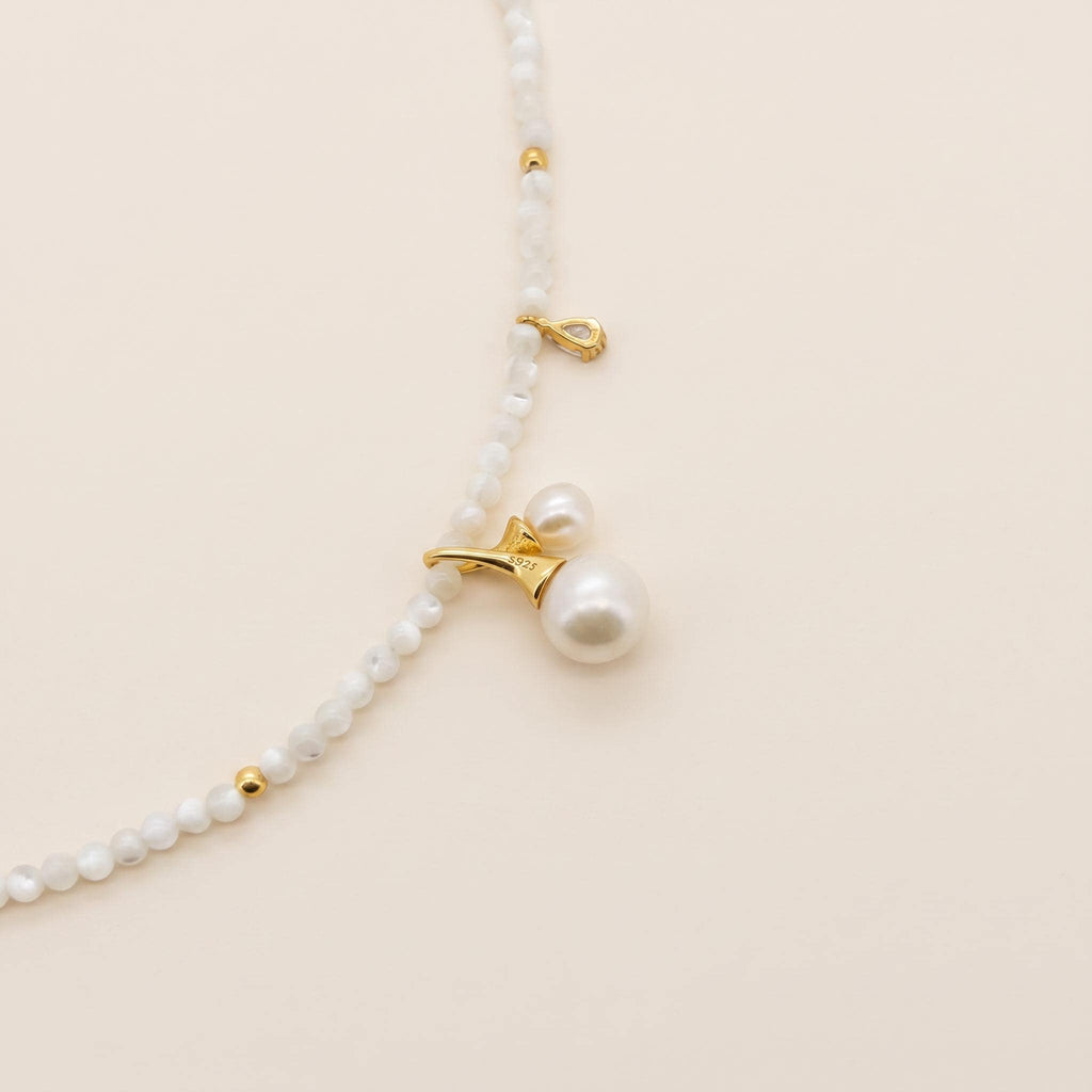 Mother of Pearl Choker Freshwater Pearl & Cubic Zirconia Charms, 14k Gold Plated Sterling Silver
