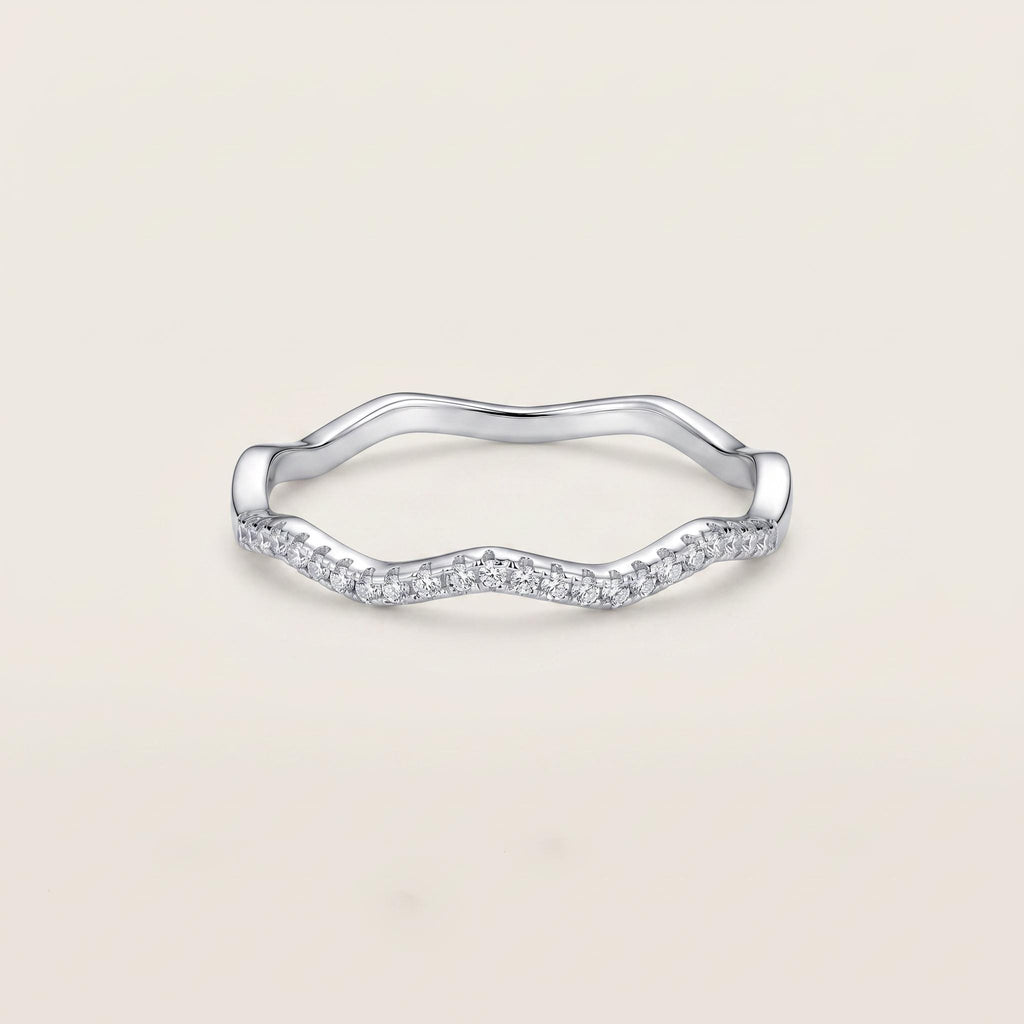 Sterling Silver CZ Wave Band Ring | Pavé Ripple Stacking Ring