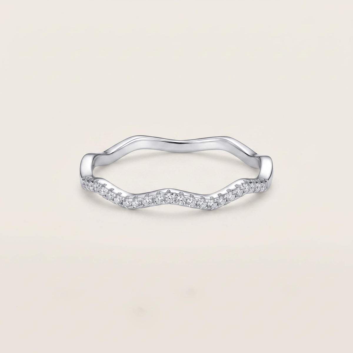 Sterling Silver CZ Wave Band Ring | Pavé Ripple Stacking Ring