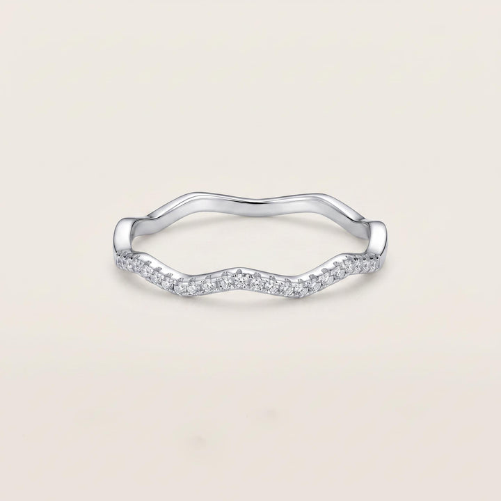 Sterling Silver CZ Wave Band Ring | Pavé Ripple Stacking Ring