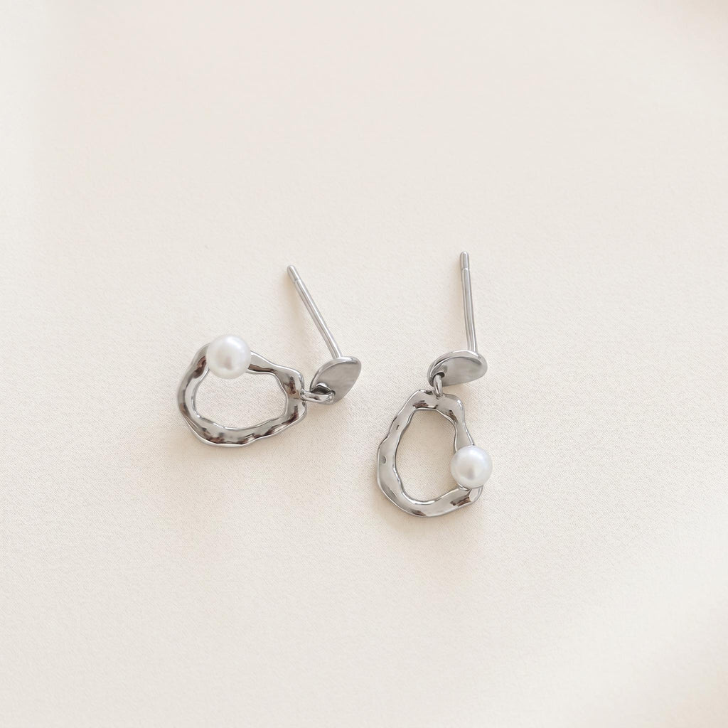 Pebble Pearl Drop Earrings | Organic Sterling Silver Asymmetric Dangles