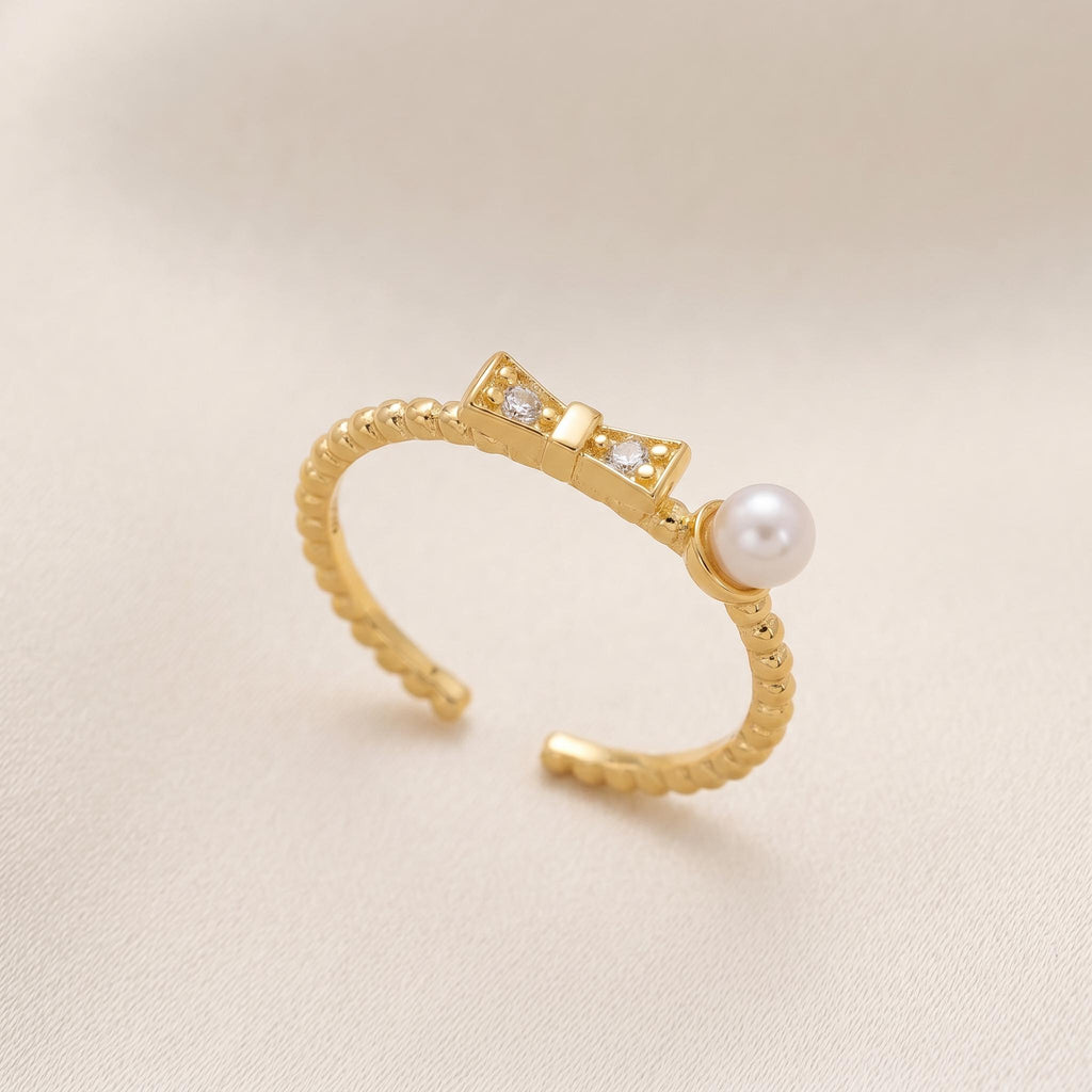 Dainty Pearl Bow Ring | Gold Plated Sterling Silver, Adjustable, Stackable
