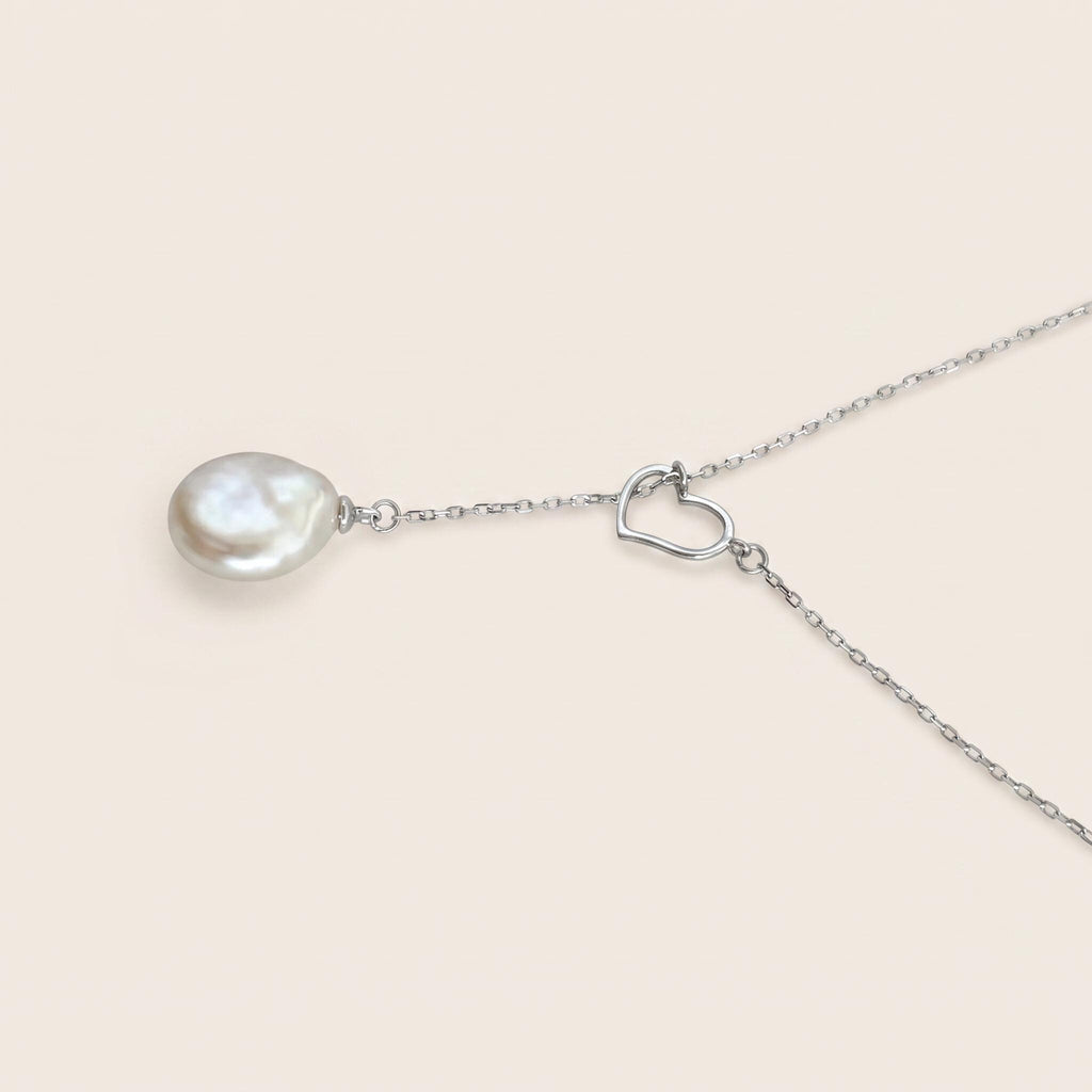 Baroque Freshwater Pearl Heart Lariat Necklace, 925 Sterling Silver Y Drop Pendant