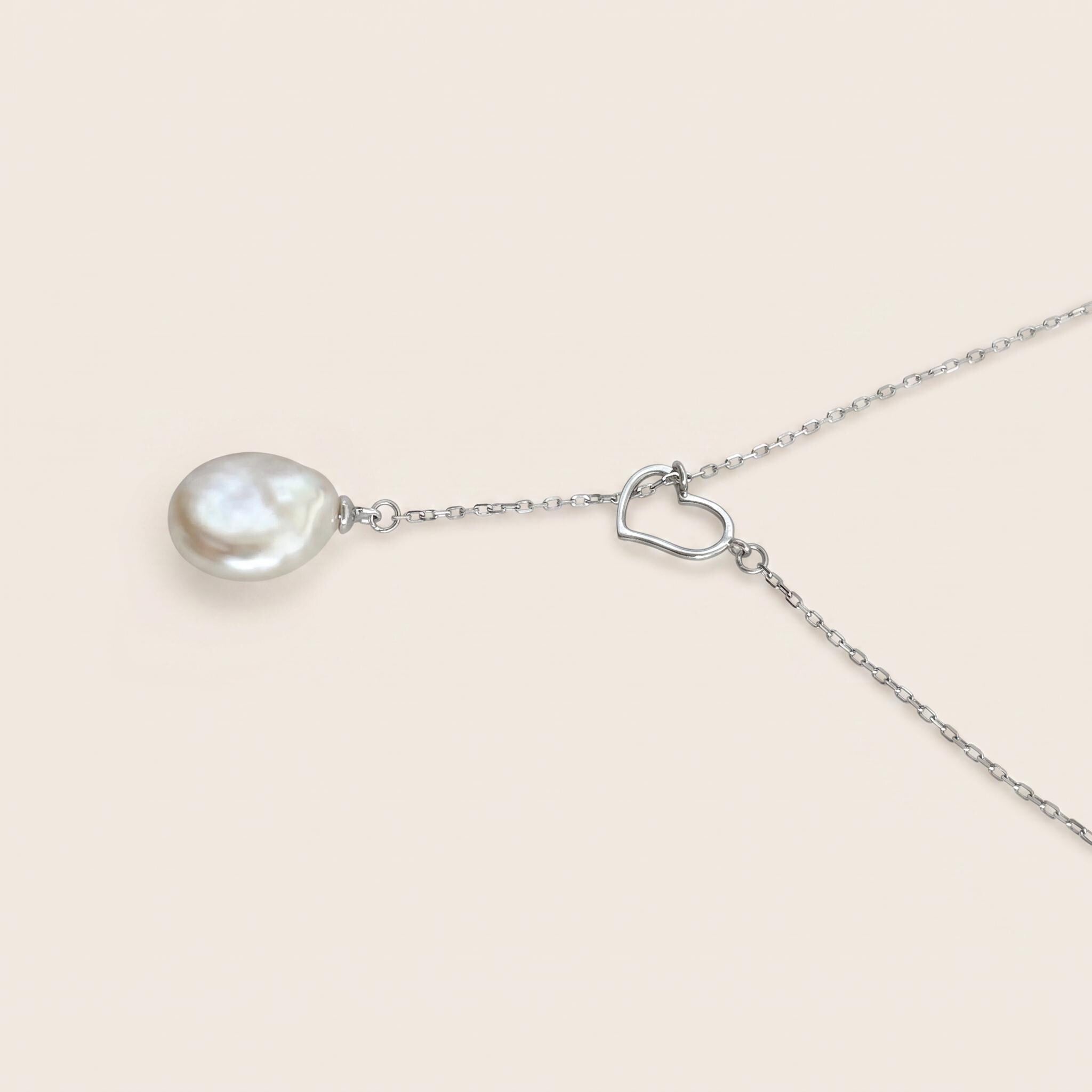 Baroque Freshwater Pearl Heart Lariat Necklace, 925 Sterling Silver Y Drop Pendant
