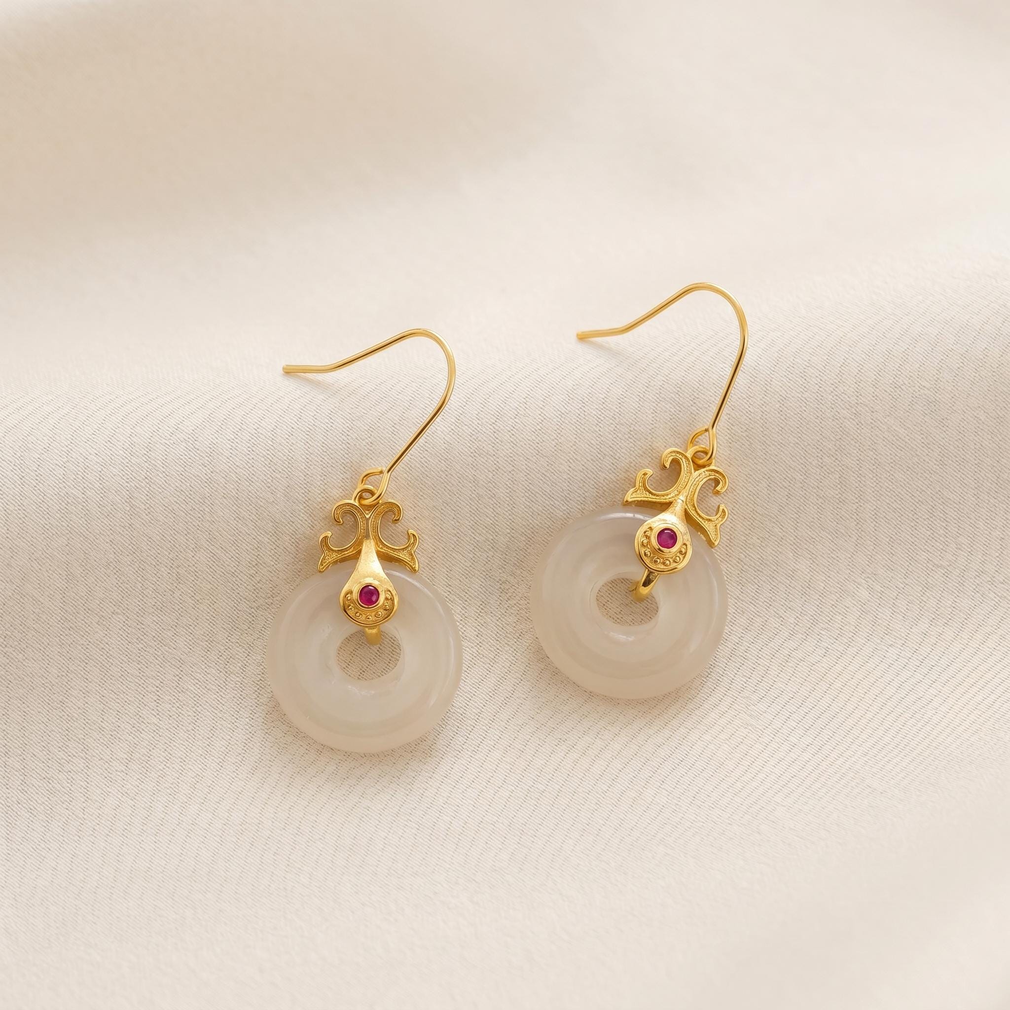 White Jade Peace Buckle Earrings | Gold Plated Sterling Silver | Chinese Heritage Talisman