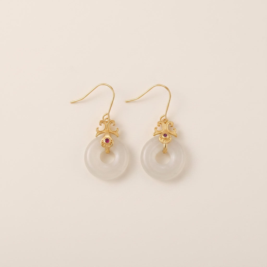 White Jade Peace Buckle Earrings | Gold Plated Sterling Silver | Chinese Heritage Talisman
