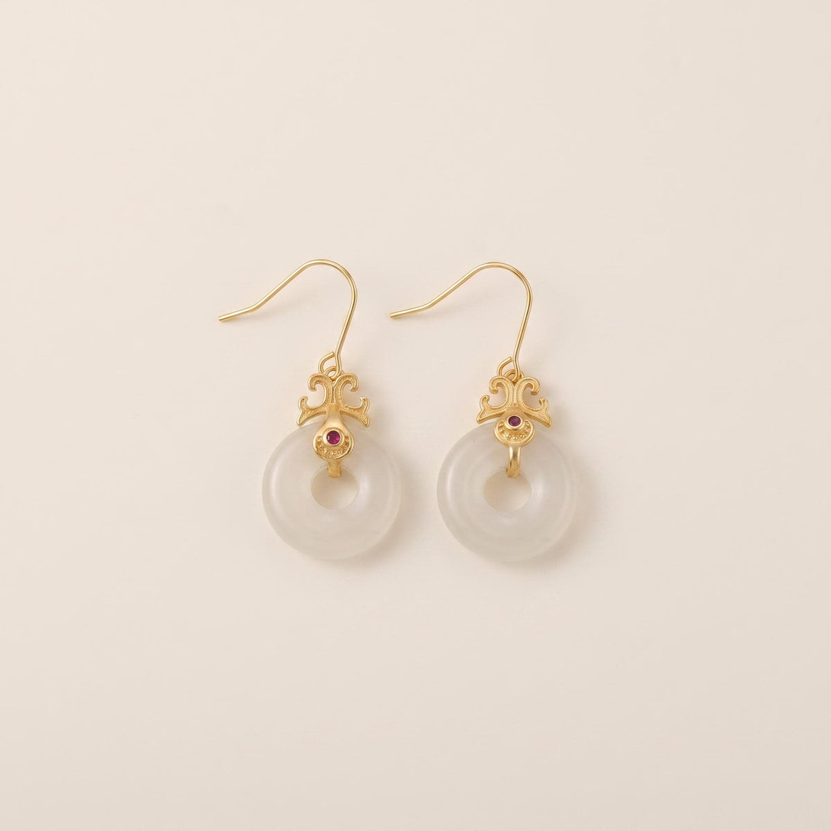 White Jade Peace Buckle Earrings | Gold Plated Sterling Silver | Chinese Heritage Talisman