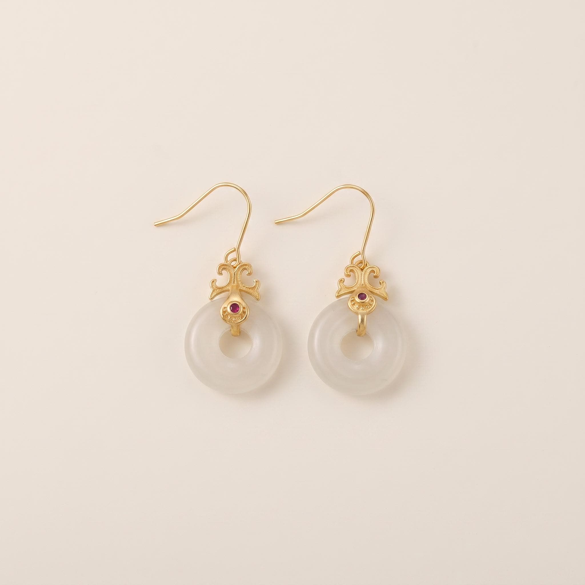 White Jade Peace Buckle Earrings | Gold Plated Sterling Silver | Chinese Heritage Talisman