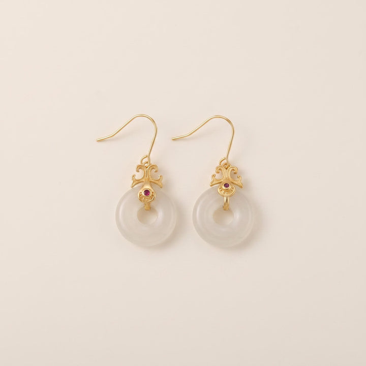 White Jade Peace Buckle Earrings | Gold Plated Sterling Silver | Chinese Heritage Talisman