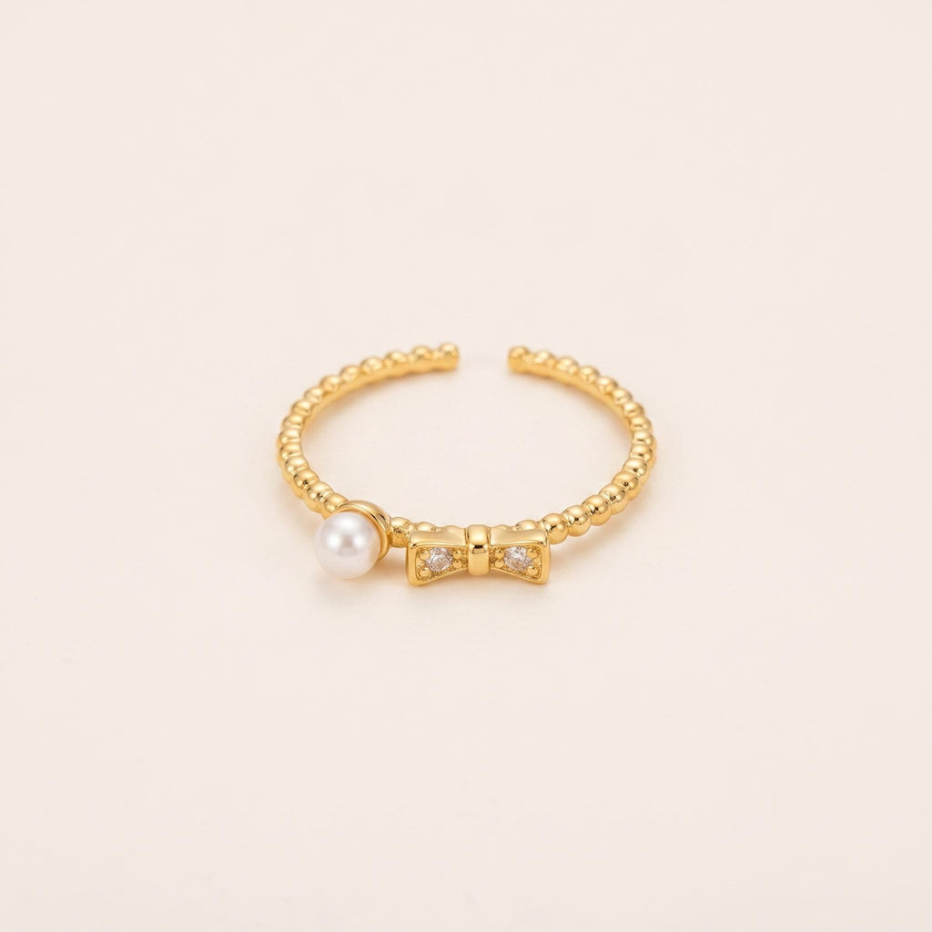 Dainty Pearl Bow Ring | Gold Plated Sterling Silver, Adjustable, Stackable