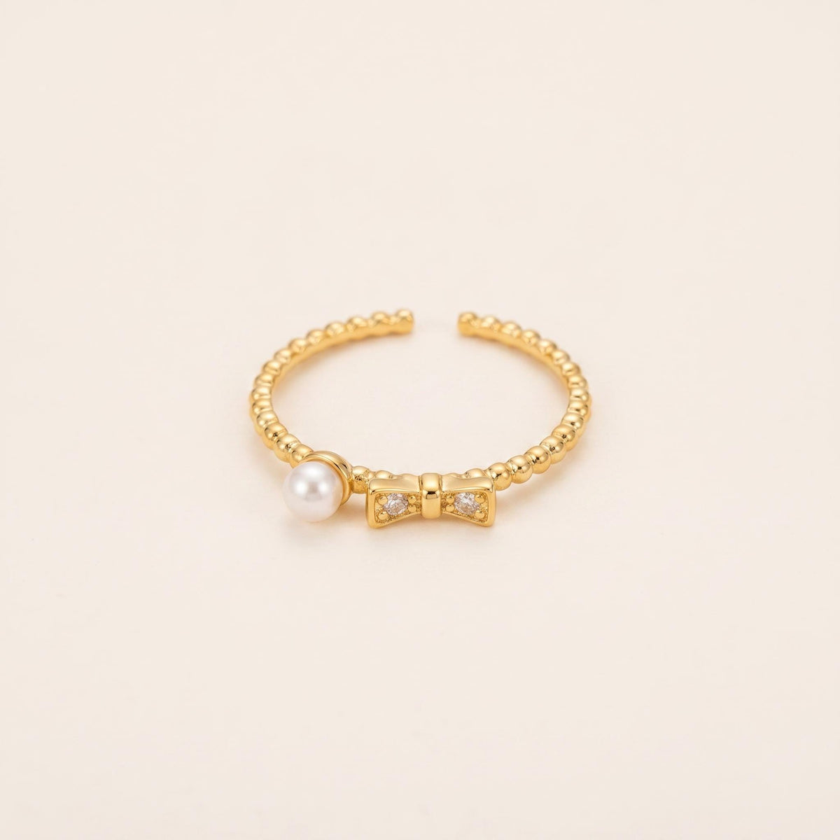 Dainty Pearl Bow Ring | Gold Plated Sterling Silver, Adjustable, Stackable