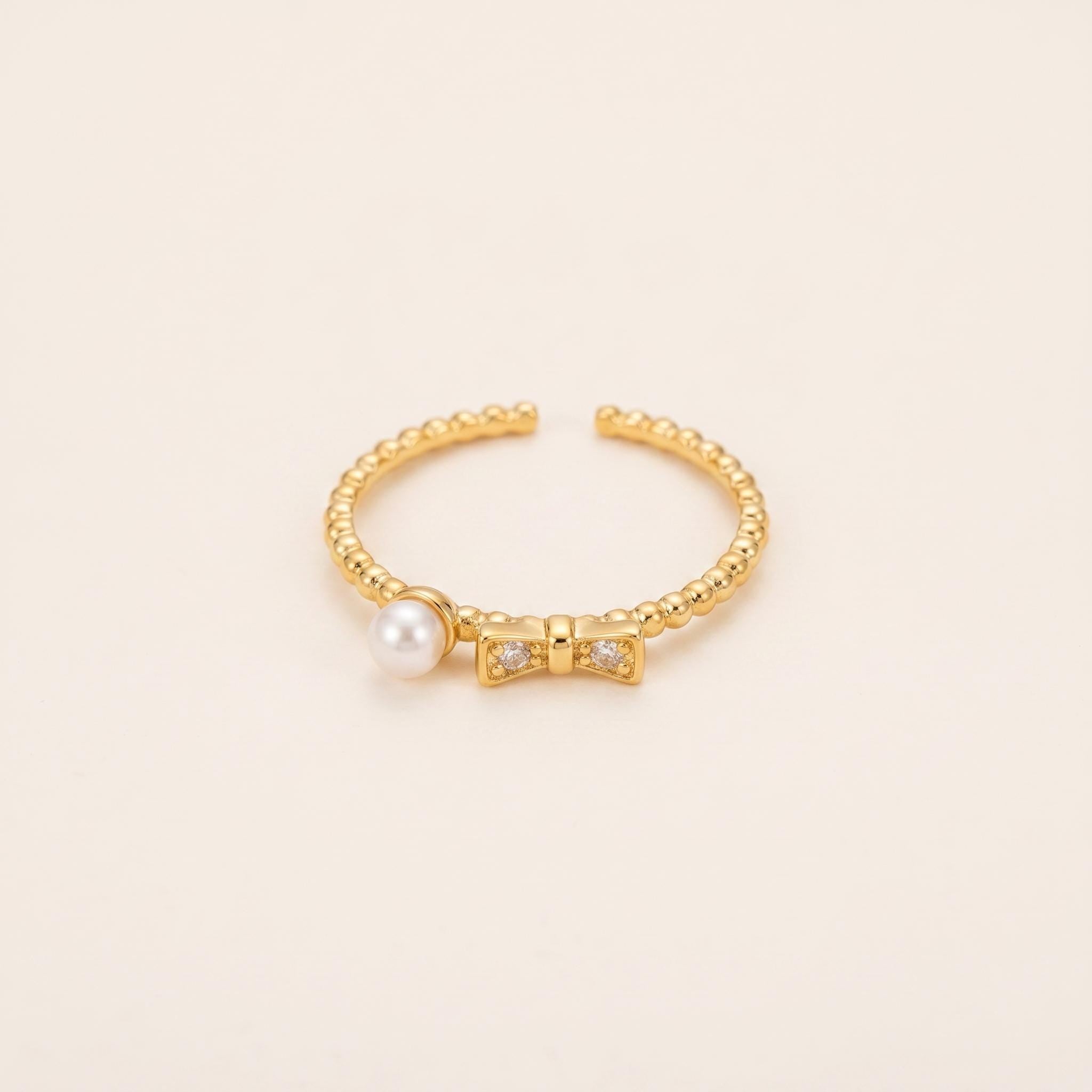 Dainty Pearl Bow Ring | Gold Plated Sterling Silver, Adjustable, Stackable
