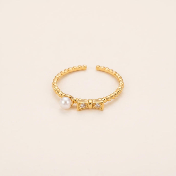 Dainty Pearl Bow Ring | Gold Plated Sterling Silver, Adjustable, Stackable