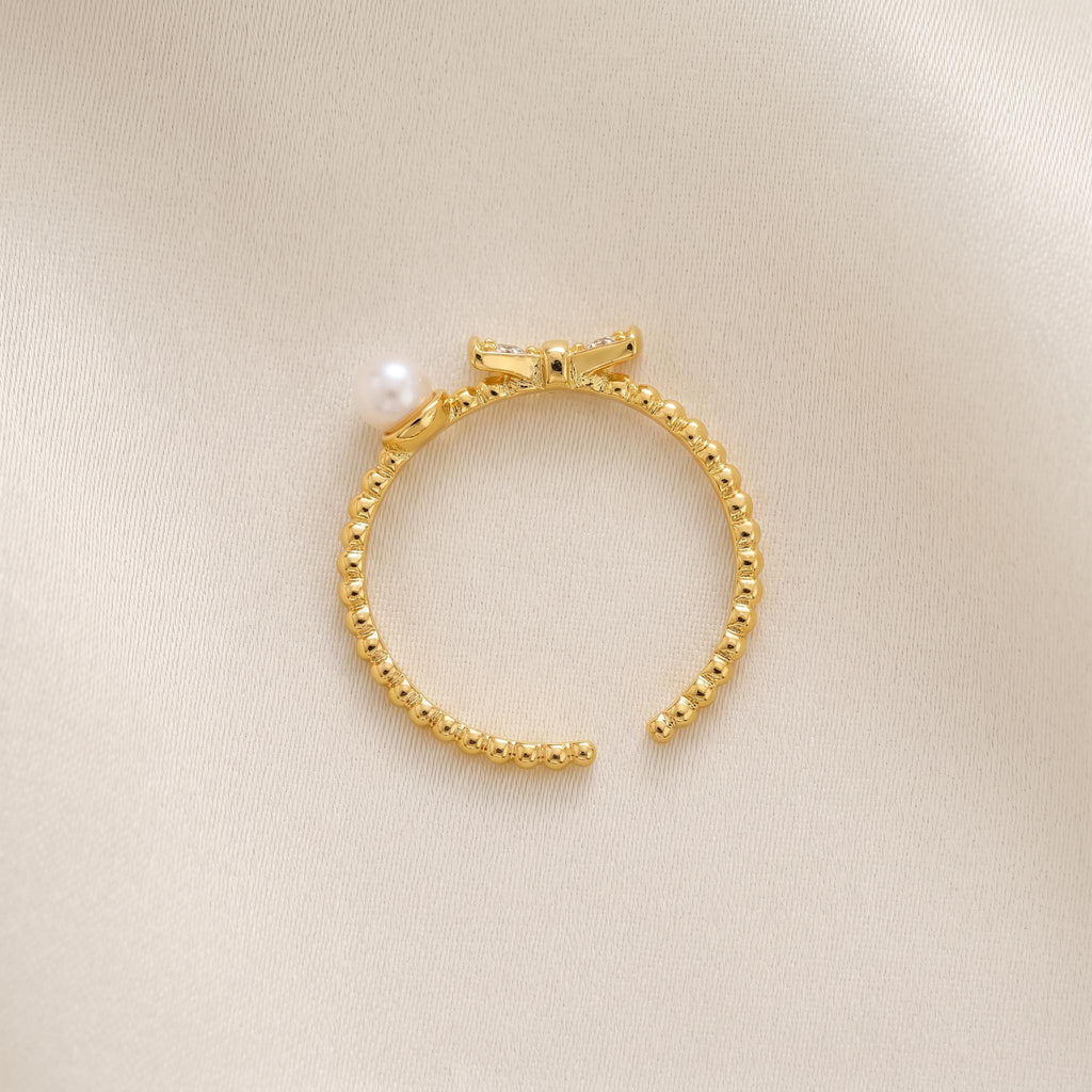 Dainty Pearl Bow Ring | Gold Plated Sterling Silver, Adjustable, Stackable
