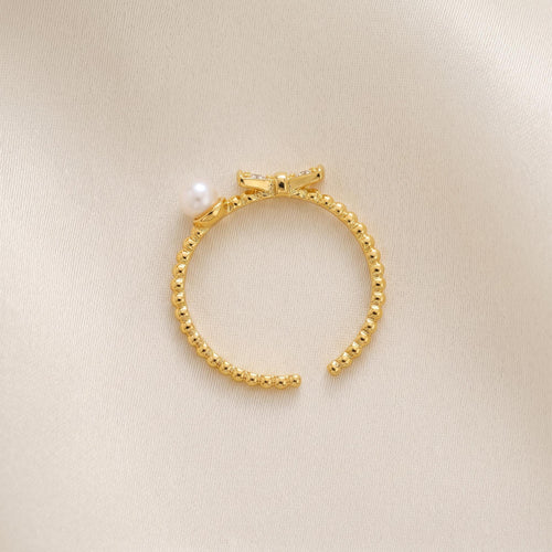 Dainty Pearl Bow Ring | Gold Plated Sterling Silver, Adjustable, Stackable