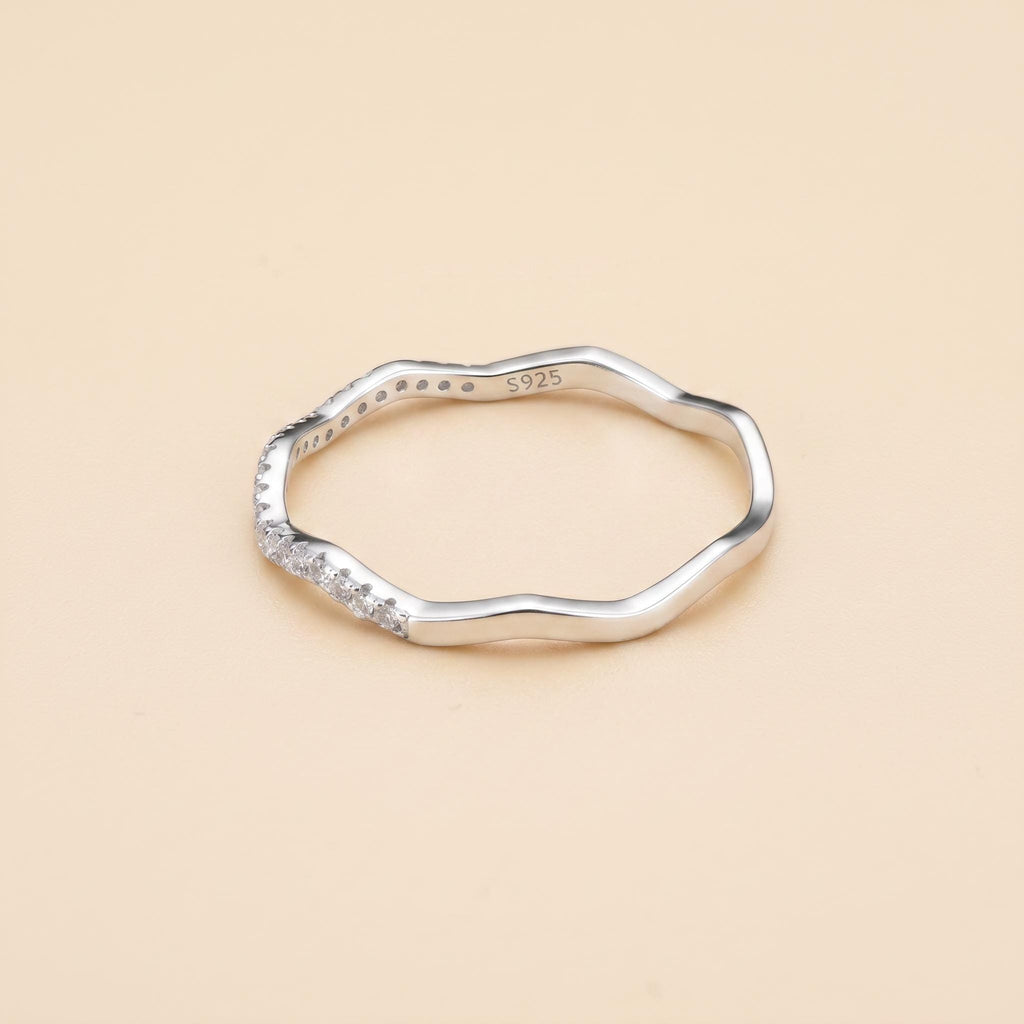 Sterling Silver CZ Wave Band Ring | Pavé Ripple Stacking Ring