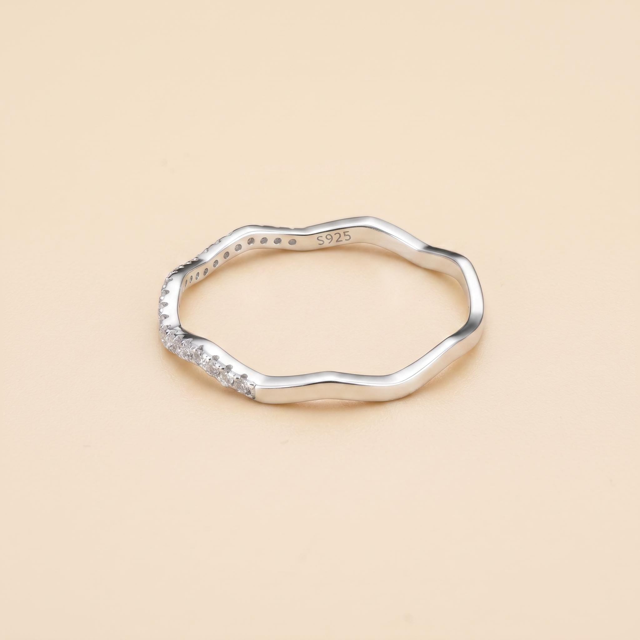 Sterling Silver CZ Wave Band Ring | Pavé Ripple Stacking Ring