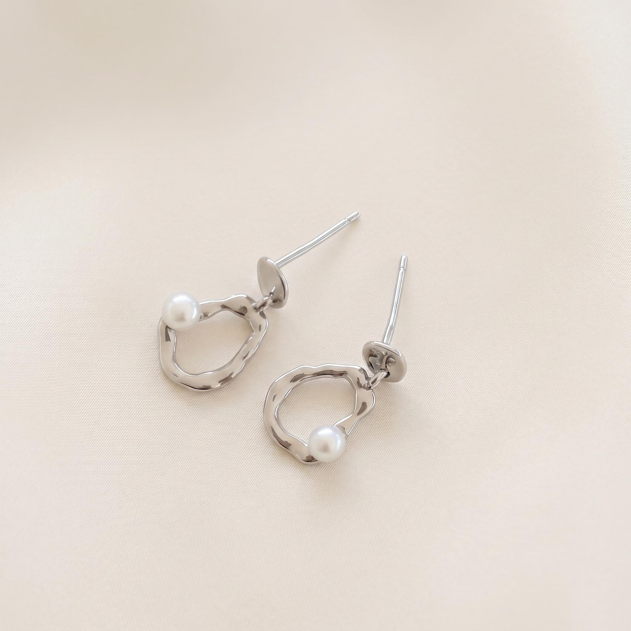 Pebble Pearl Drop Earrings | Organic Sterling Silver Asymmetric Dangles