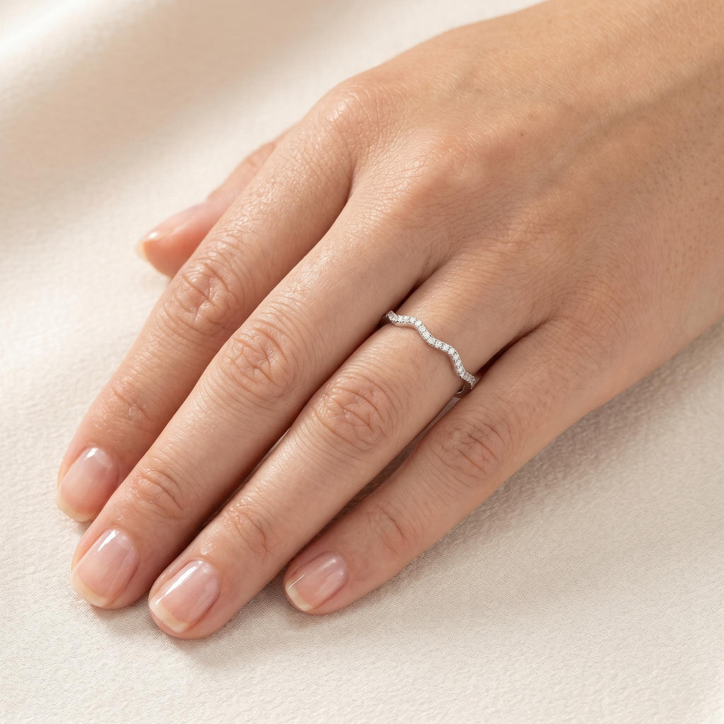 Sterling Silver CZ Wave Band Ring | Pavé Ripple Stacking Ring