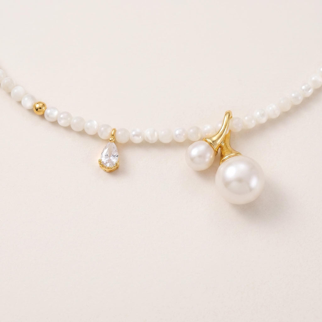 Mother of Pearl Choker Freshwater Pearl & Cubic Zirconia Charms, 14k Gold Plated Sterling Silver