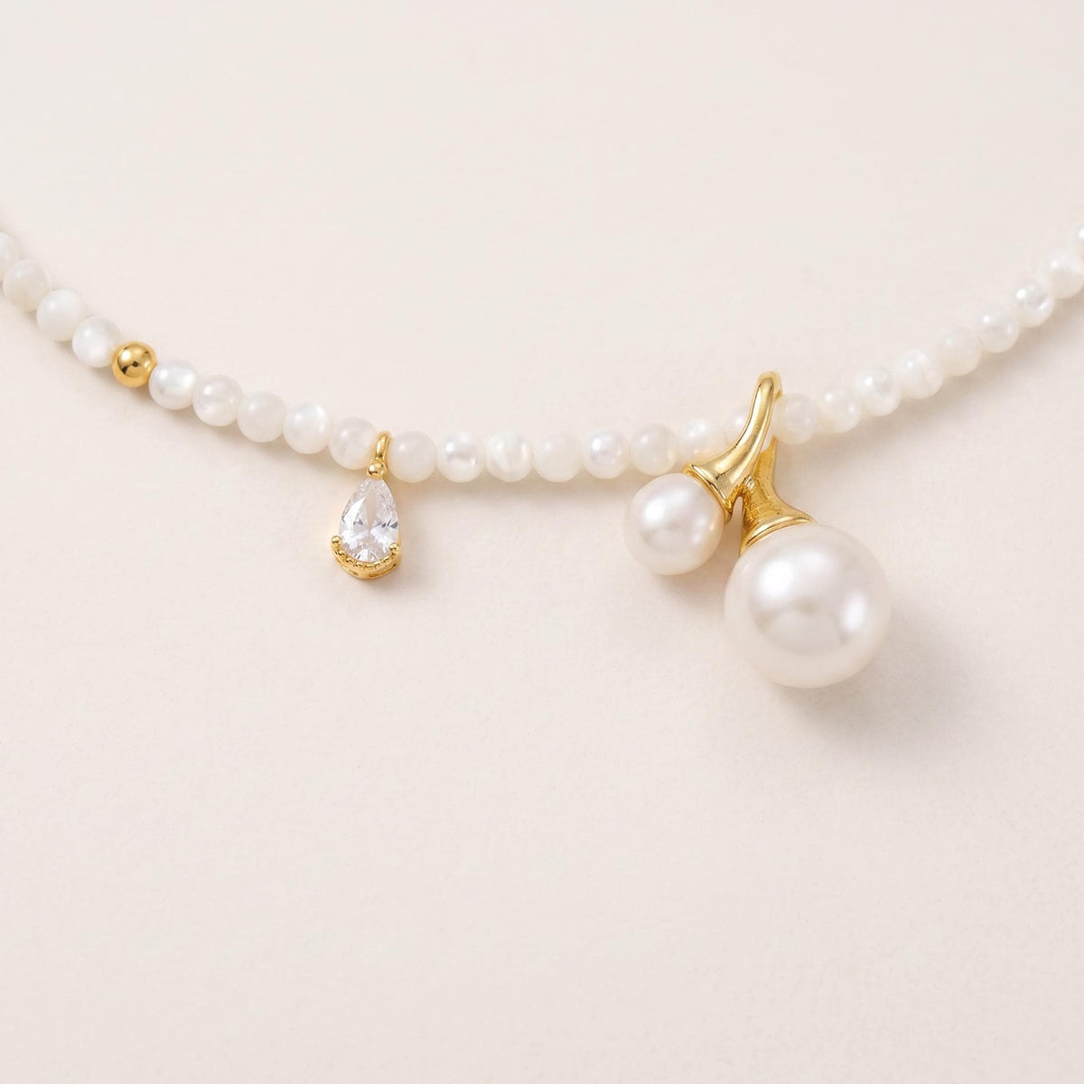 Mother of Pearl Choker Freshwater Pearl & Cubic Zirconia Charms, 14k Gold Plated Sterling Silver