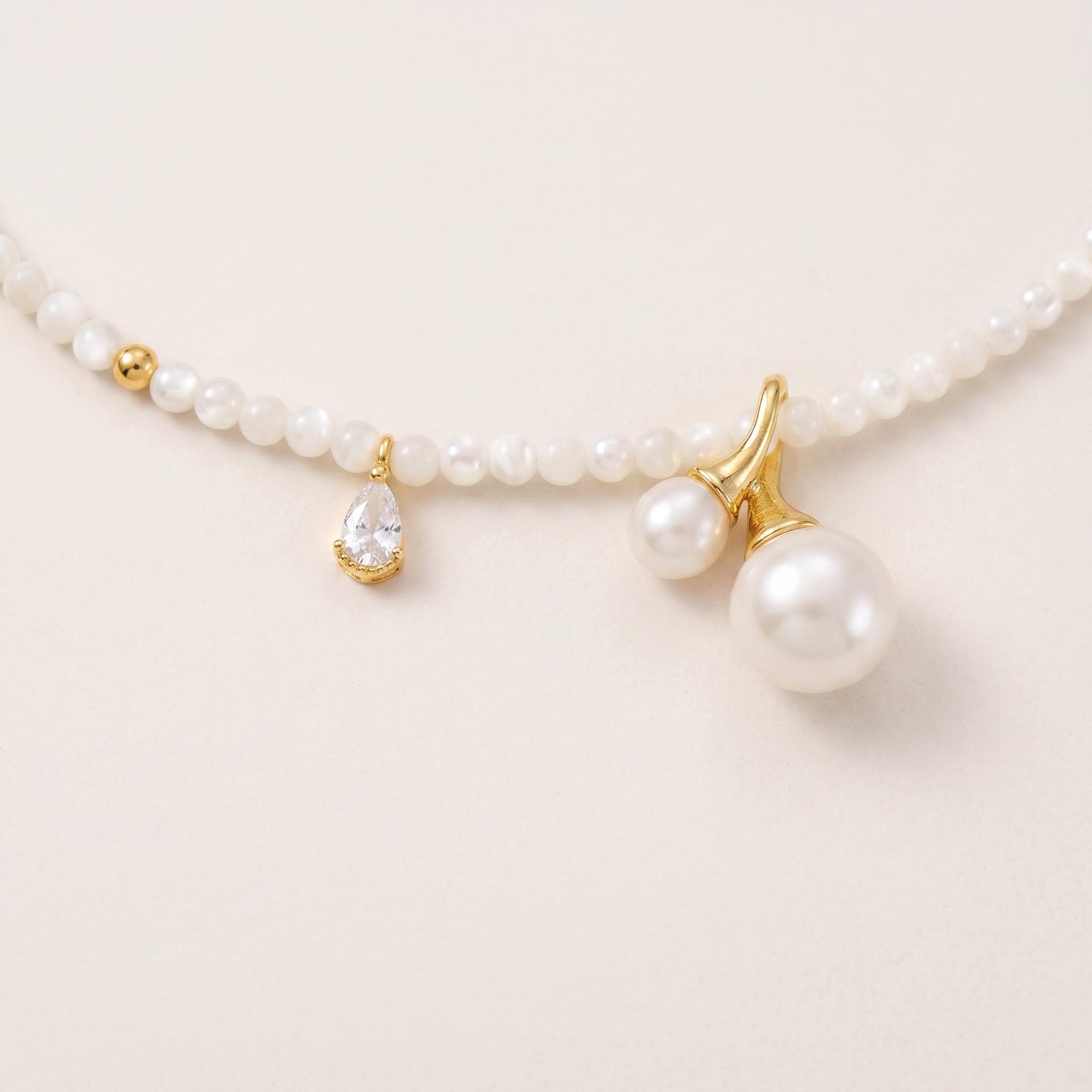 Mother of Pearl Choker Freshwater Pearl & Cubic Zirconia Charms, 14k Gold Plated Sterling Silver